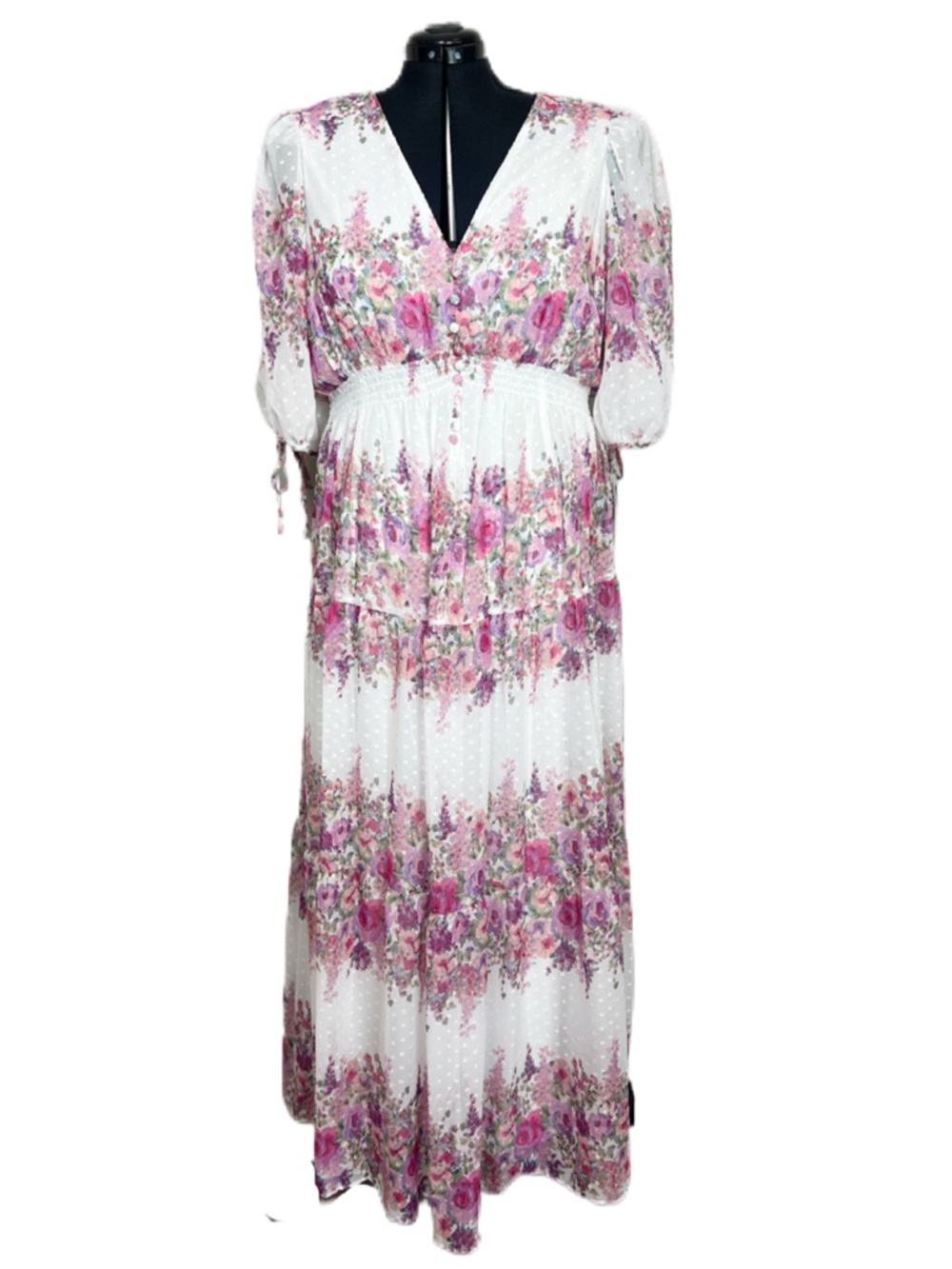 MELANIE T Women’s Size 18 White Wisteria Floral Print V-Neck Chiffon Maxi Dress - Picture 2 of 14